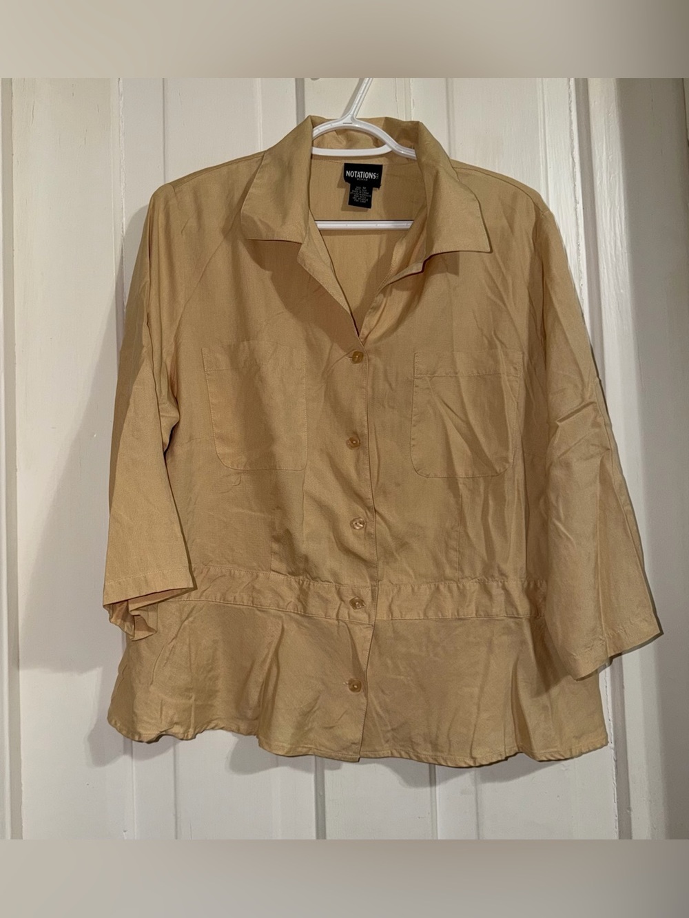 Women's 1X 100% silk‎ top shirt Notations Light Tan Button-Front Peplum Jacket